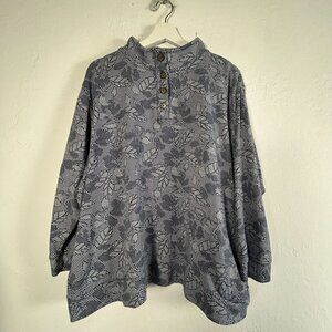 Lands' End Womens Blue Leaf Print Cotton Blend Pullover Top 2X 20W-22W Casual